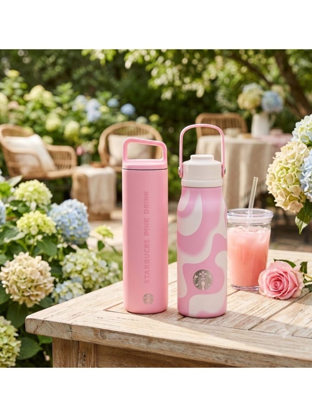 Starbucks Pink Drink Thermos & White Swirl Water Bottle Set 18oz Insulated Stain